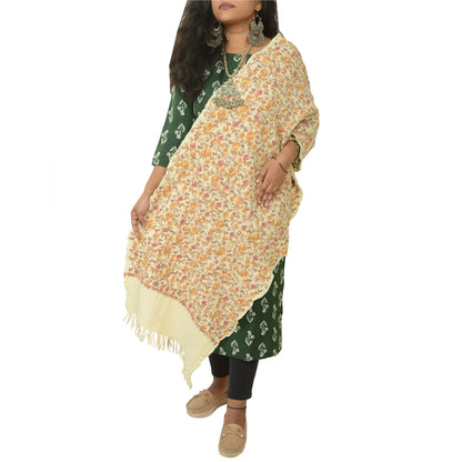 Sanskriti Vintage Long Ivory Shawl Handmade Ari Work Pure Woollen Throw Stole