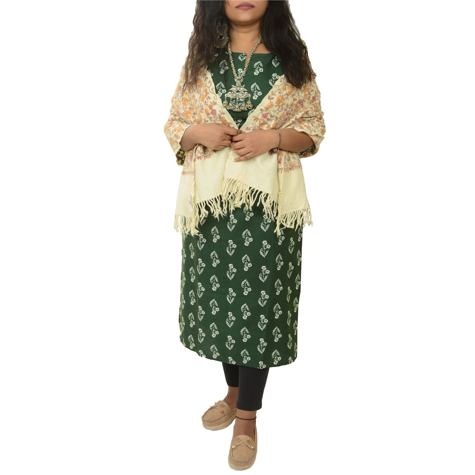 Sanskriti Vintage Long Ivory Shawl Handmade Ari Work Pure Woollen Throw Stole