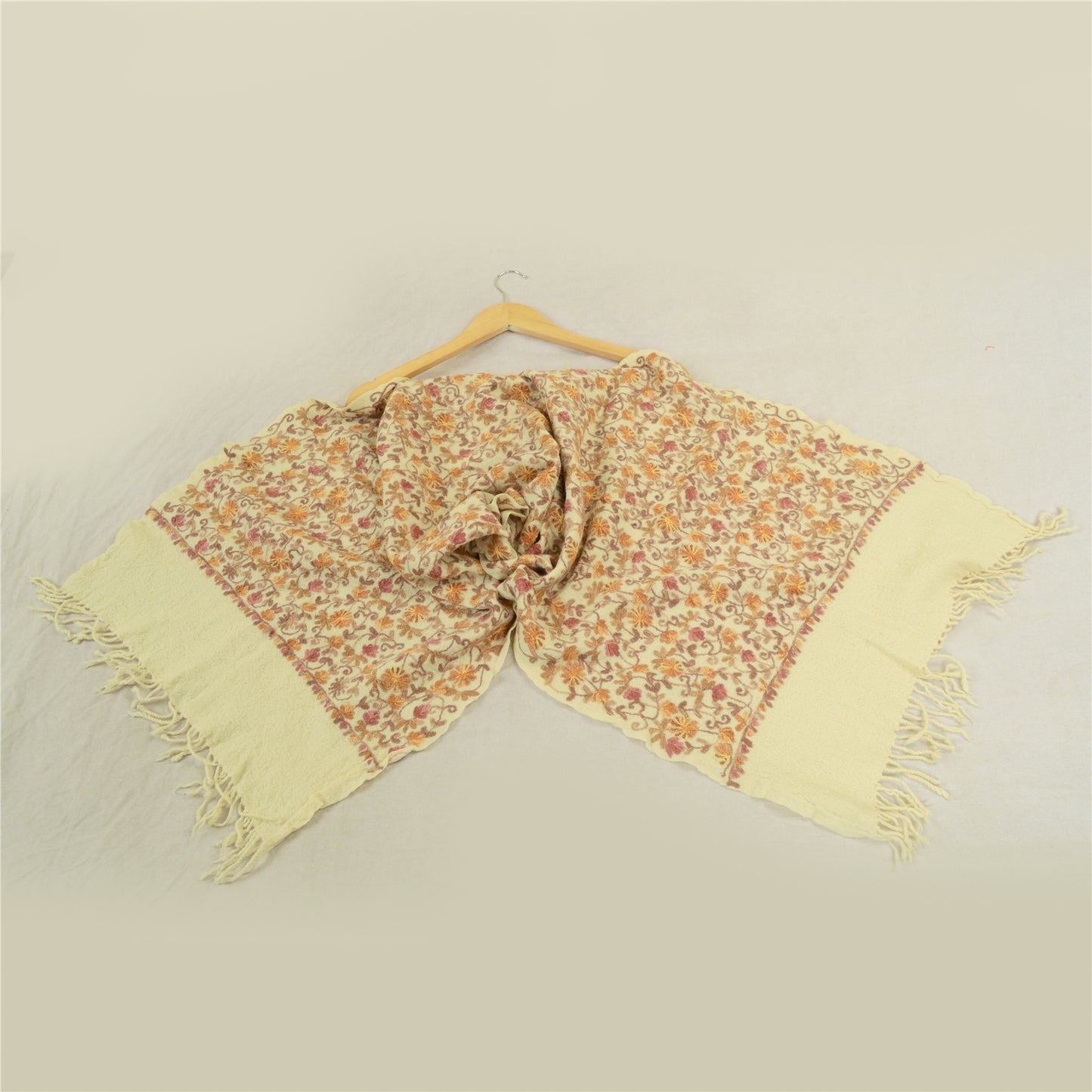 Sanskriti Vintage Long Ivory Shawl Handmade Ari Work Pure Woollen Throw Stole