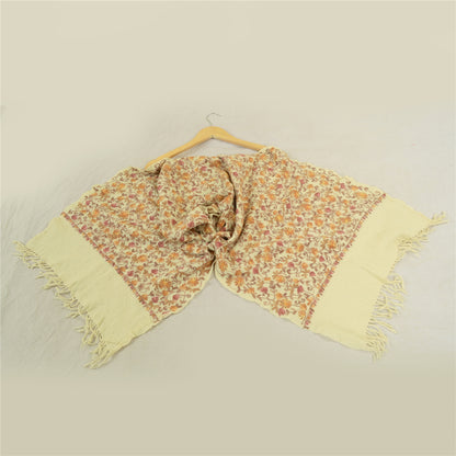 Sanskriti Vintage Long Ivory Shawl Handmade Ari Work Pure Woollen Throw Stole