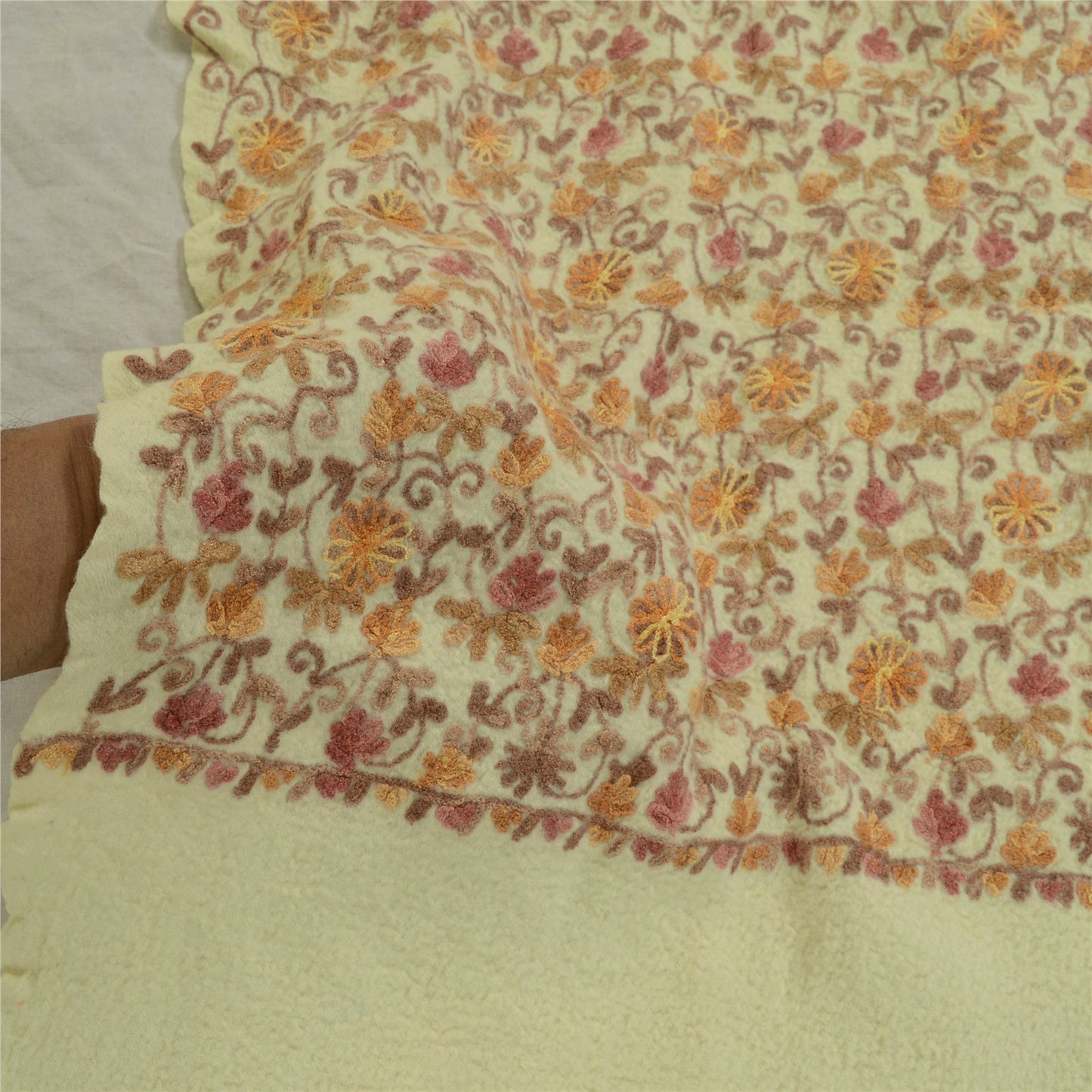Sanskriti Vintage Long Ivory Shawl Handmade Ari Work Pure Woollen Throw Stole