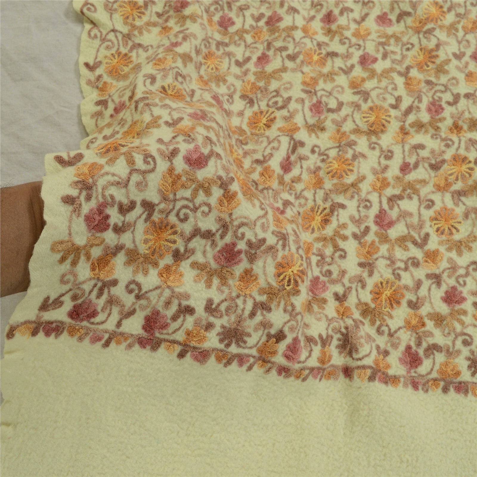 Sanskriti Vintage Long Ivory Shawl Handmade Ari Work Pure Woollen Throw Stole