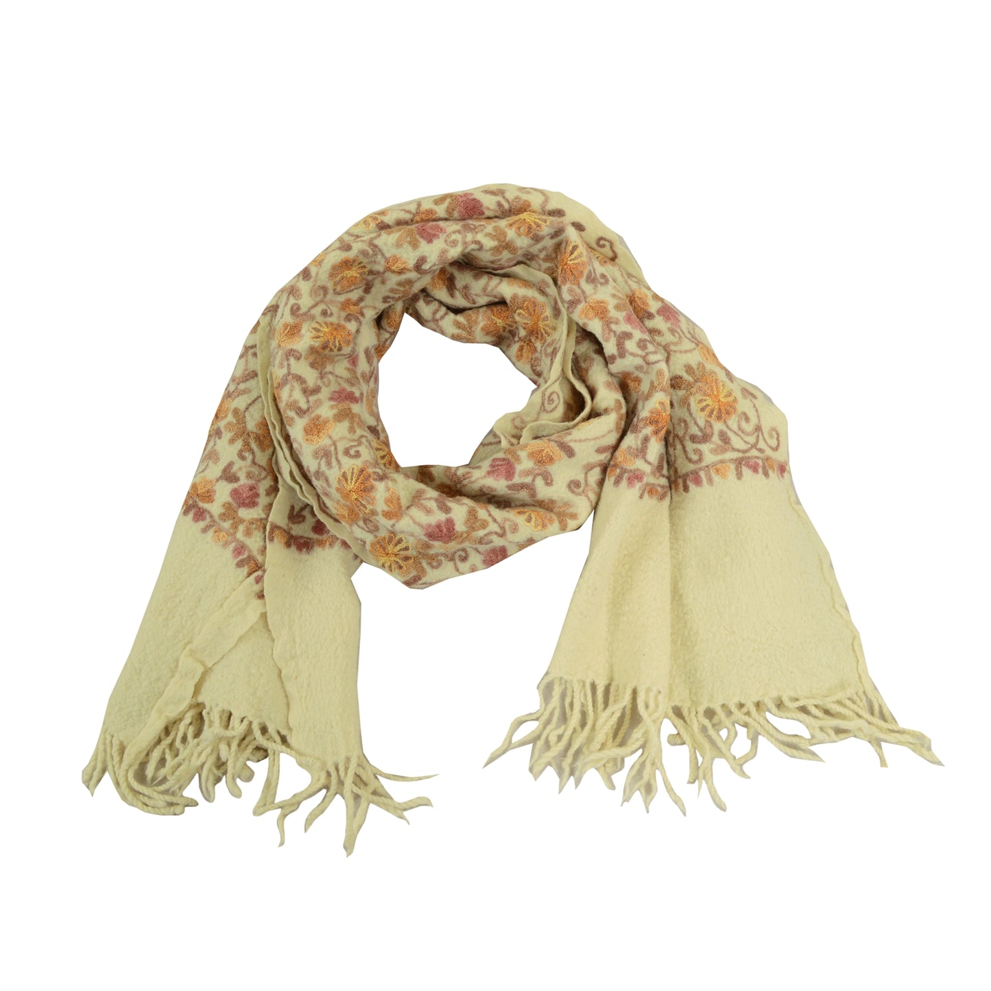 Sanskriti Vintage Long Ivory Shawl Handmade Ari Work Pure Woollen Throw Stole