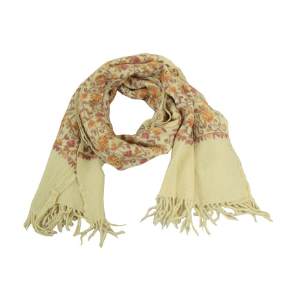 Sanskriti Vintage Long Ivory Shawl Handmade Ari Work Pure Woollen Throw Stole