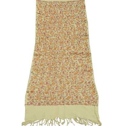 Sanskriti Vintage Long Ivory Shawl Handmade Ari Work Pure Woollen Throw Stole
