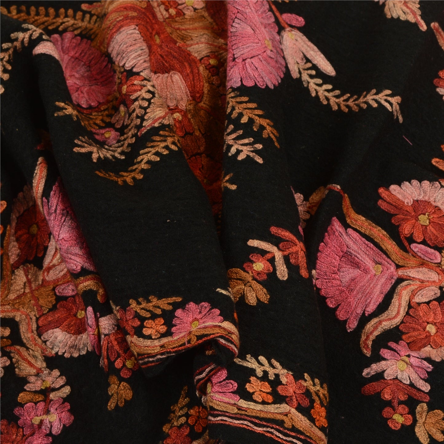 Sanskriti Vintage Black Long Shawl Handmade Ari Work Pure Woolen Throw Stole