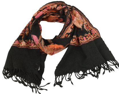 Sanskriti Vintage Black Long Shawl Handmade Ari Work Pure Woolen Throw Stole