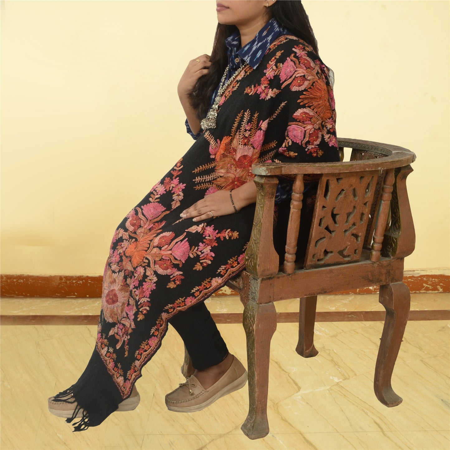 Sanskriti Vintage Black Long Shawl Handmade Ari Work Pure Woolen Throw Stole