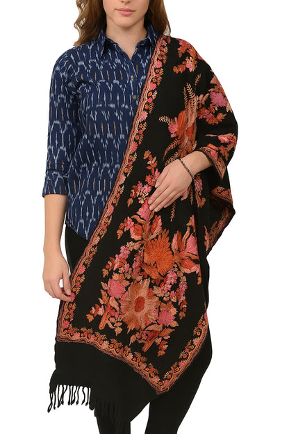 Sanskriti Vintage Black Long Shawl Handmade Ari Work Pure Woolen Throw Stole