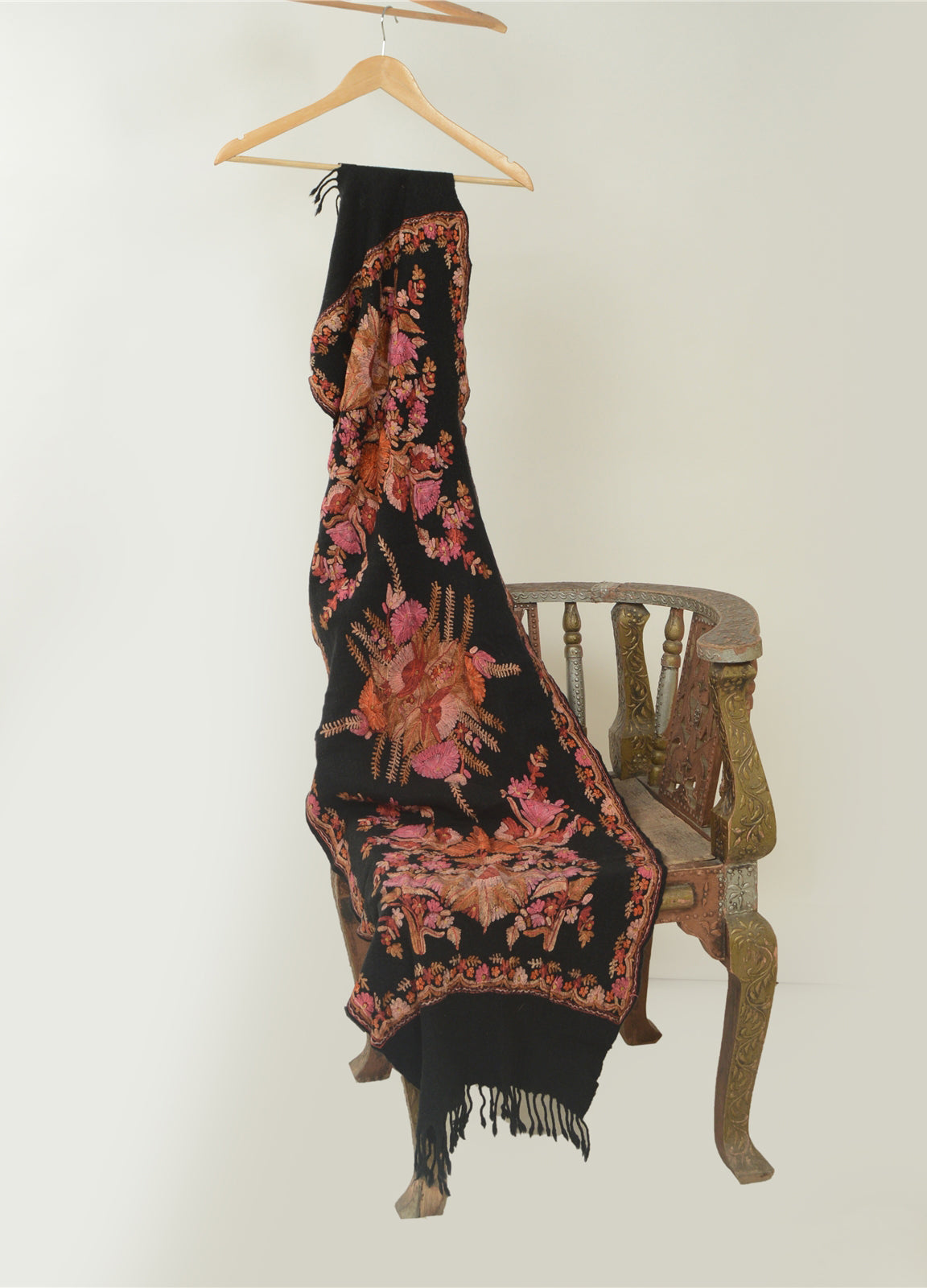 Sanskriti Vintage Black Long Shawl Handmade Ari Work Pure Woolen Throw Stole