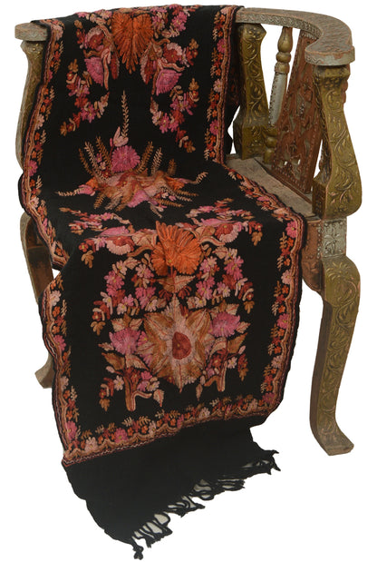 Sanskriti Vintage Black Long Shawl Handmade Ari Work Pure Woolen Throw Stole