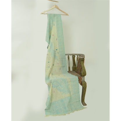 Sanskriti Vintage Green Long Shawl Handmade Ari Work Pure Woolen Scarf Stole