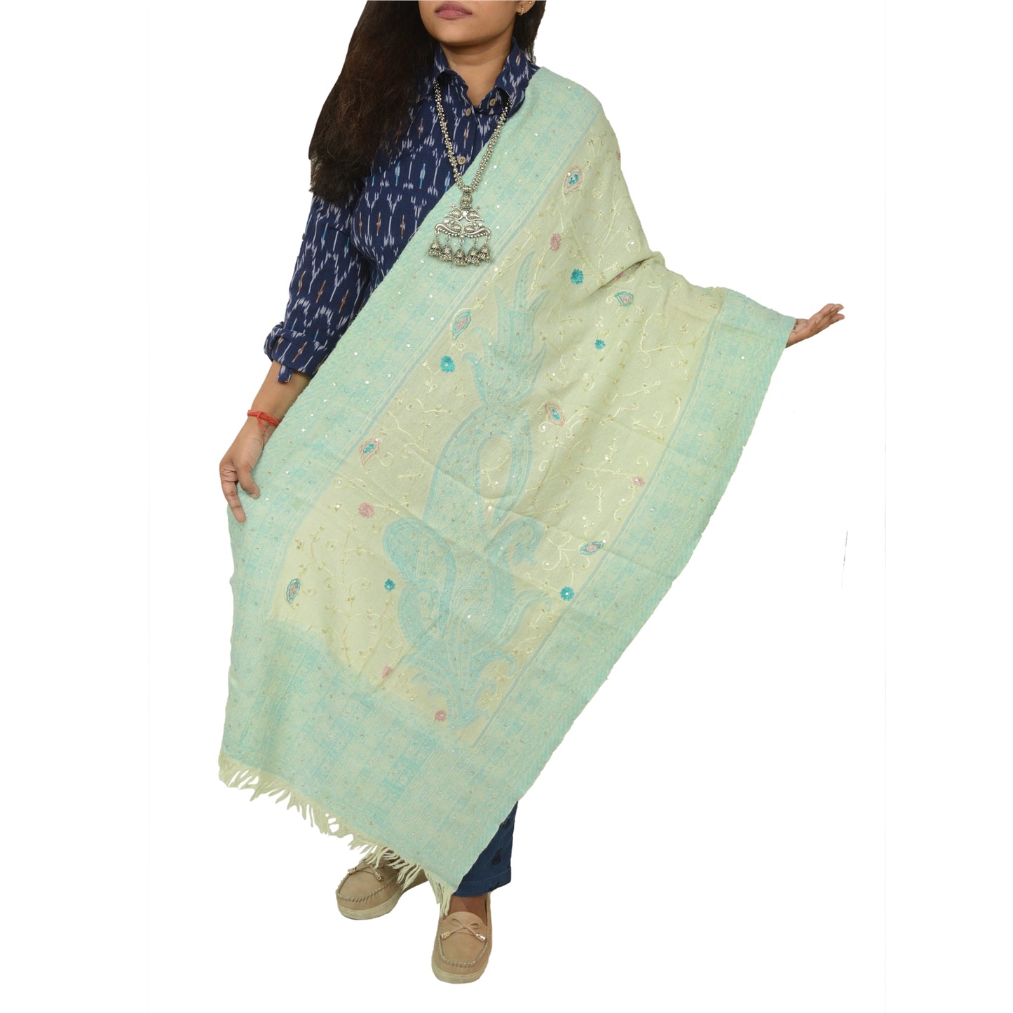 Sanskriti Vintage Green Long Shawl Handmade Ari Work Pure Woolen Scarf Stole