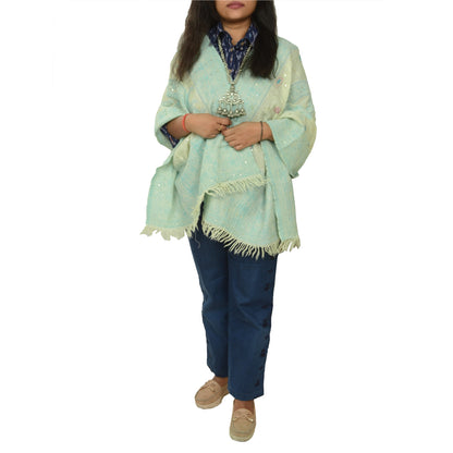Sanskriti Vintage Green Long Shawl Handmade Ari Work Pure Woolen Scarf Stole