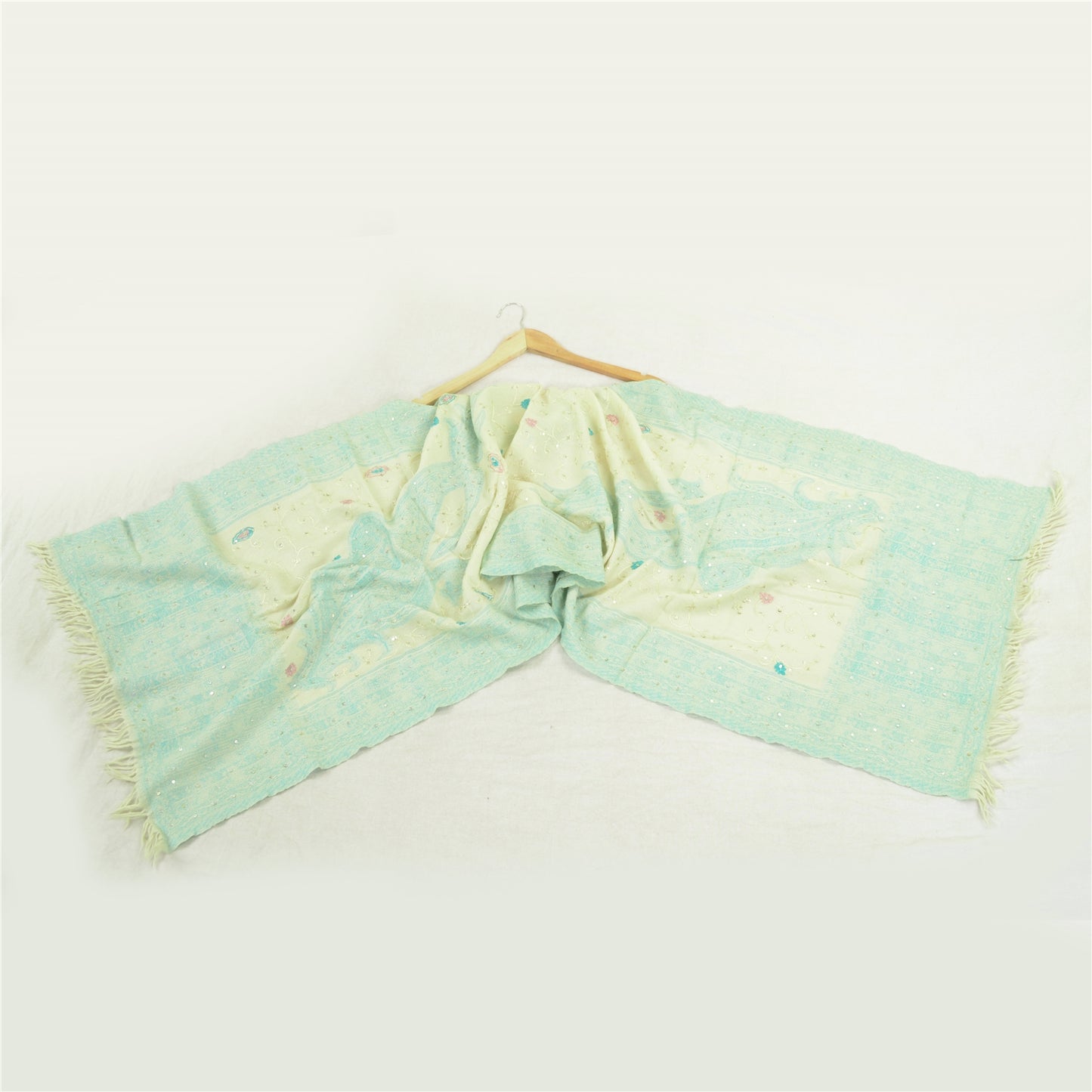 Sanskriti Vintage Green Long Shawl Handmade Ari Work Pure Woolen Scarf Stole