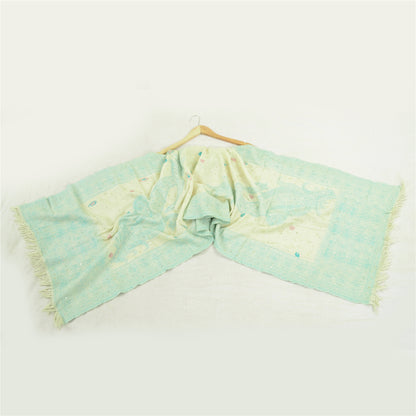 Sanskriti Vintage Green Long Shawl Handmade Ari Work Pure Woolen Scarf Stole
