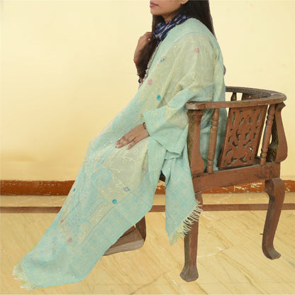 Sanskriti Vintage Green Long Shawl Handmade Ari Work Pure Woolen Scarf Stole