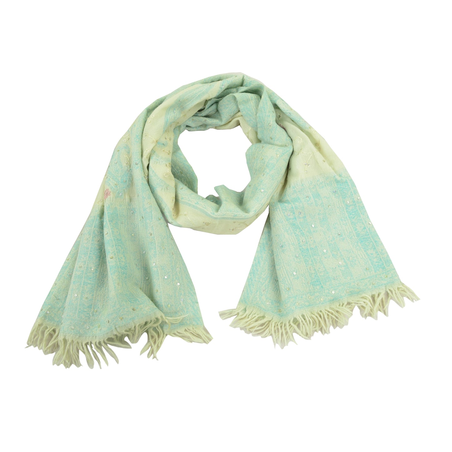 Sanskriti Vintage Green Long Shawl Handmade Ari Work Pure Woolen Scarf Stole
