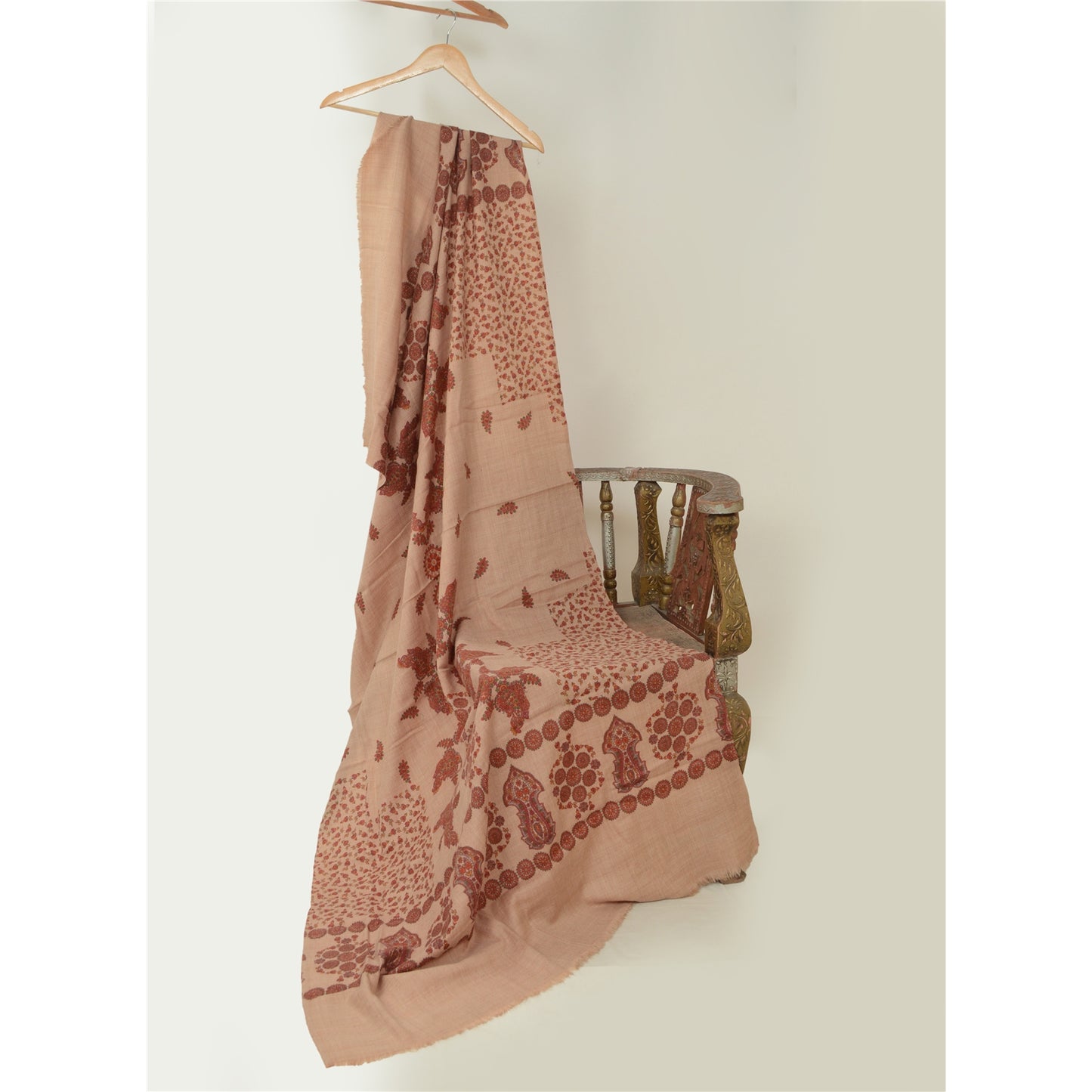 Sanskriti Vintage Long Peach Shawl Pure Woollen Peach Printed Scarf Throw Stole