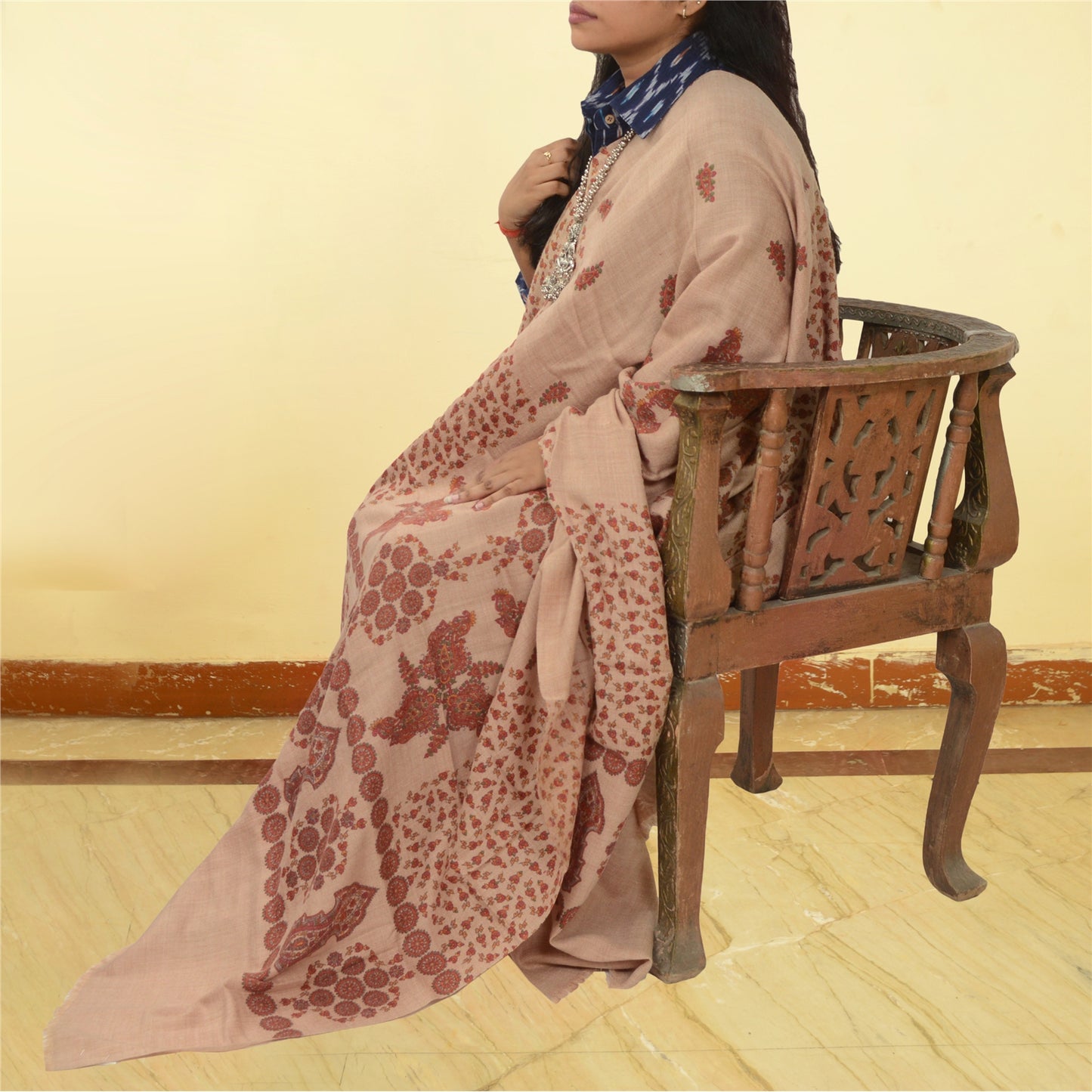 Sanskriti Vintage Long Peach Shawl Pure Woollen Peach Printed Scarf Throw Stole