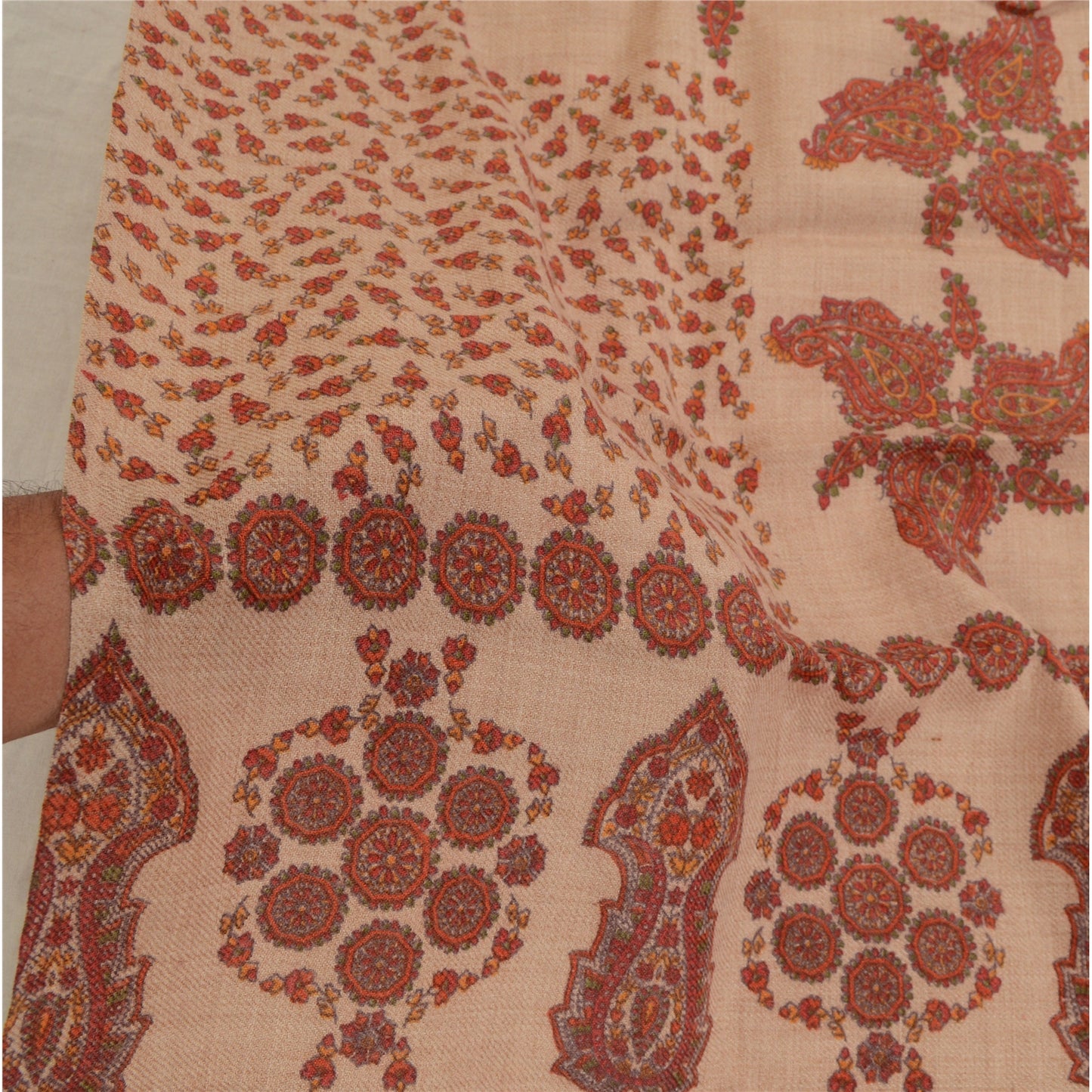 Sanskriti Vintage Long Peach Shawl Pure Woollen Peach Printed Scarf Throw Stole