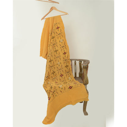 Sanskriti Vintage Pure Wool Mustard Shawl Handmade Kantha Long Throw Stole