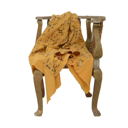 Sanskriti Vintage Pure Wool Mustard Shawl Handmade Kantha Long Throw Stole