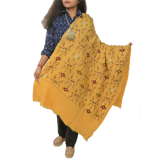 Sanskriti Vintage Pure Wool Mustard Shawl Handmade Kantha Long Throw Stole