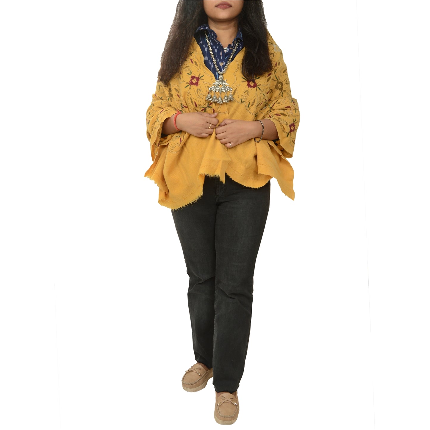 Sanskriti Vintage Pure Wool Mustard Shawl Handmade Kantha Long Throw Stole