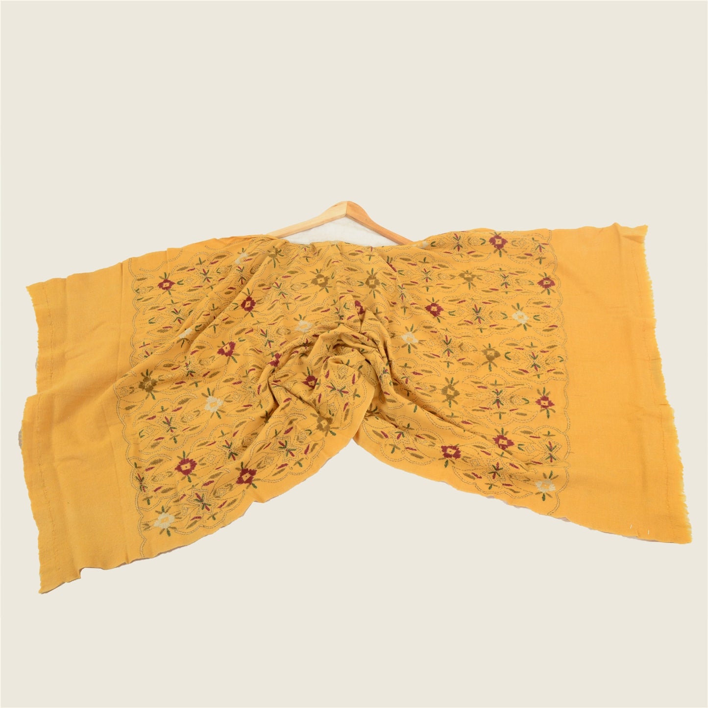 Sanskriti Vintage Pure Wool Mustard Shawl Handmade Kantha Long Throw Stole