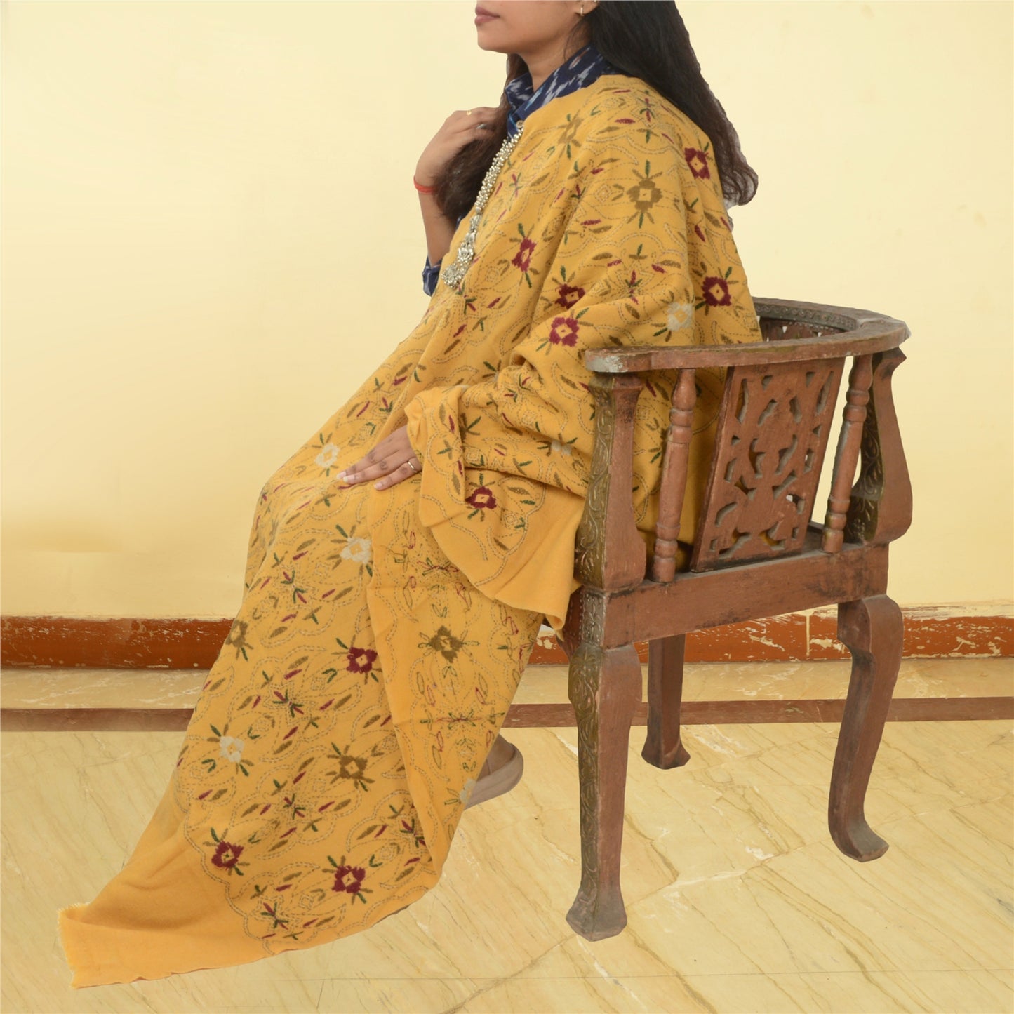 Sanskriti Vintage Pure Wool Mustard Shawl Handmade Kantha Long Throw Stole