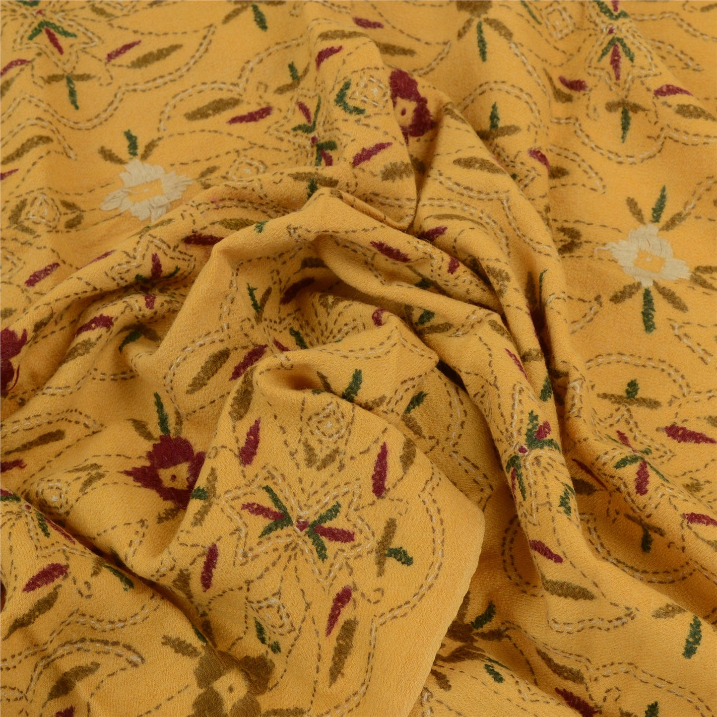 Sanskriti Vintage Pure Wool Mustard Shawl Handmade Kantha Long Throw Stole