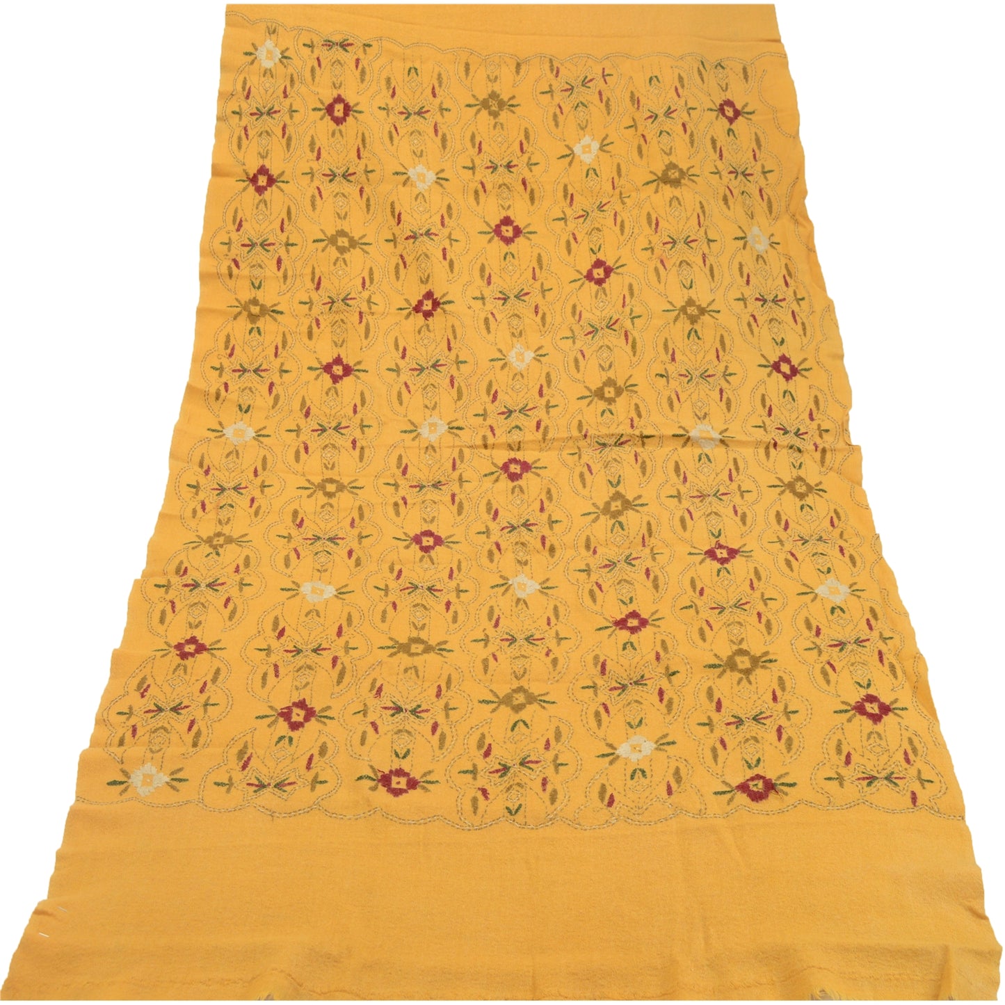 Sanskriti Vintage Pure Wool Mustard Shawl Handmade Kantha Long Throw Stole