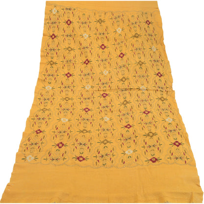 Sanskriti Vintage Pure Wool Mustard Shawl Handmade Kantha Long Throw Stole