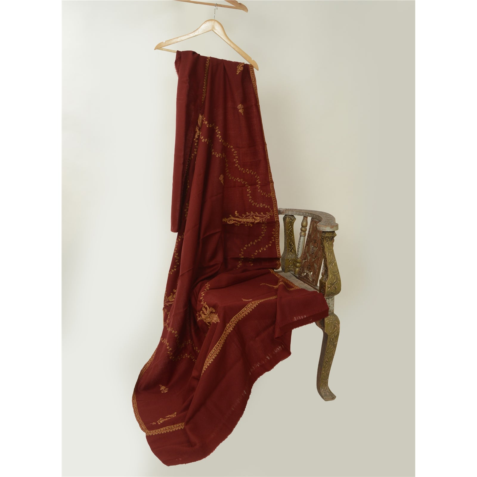 Sanskriti Vintage Pure Woollen Dark Red Shawl Handmade Suzani Long Throw Stole