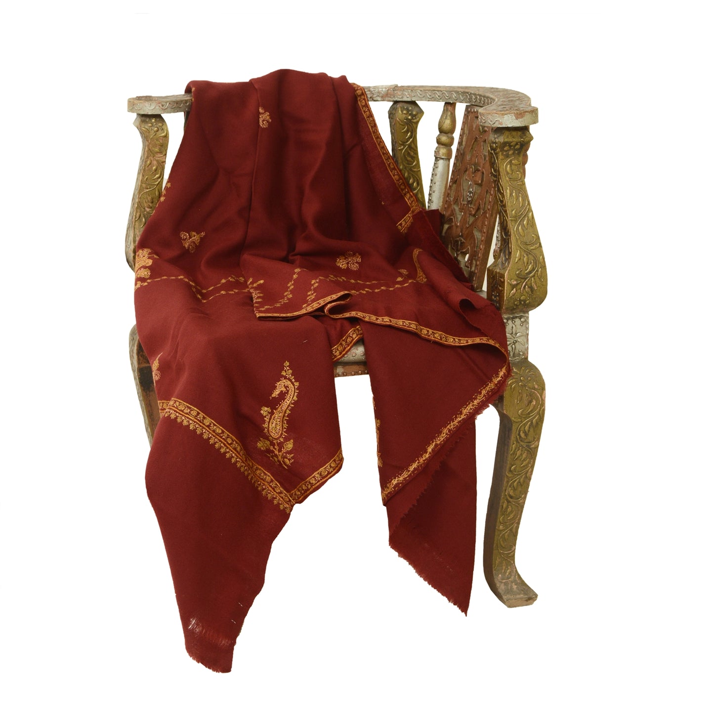 Sanskriti Vintage Pure Woollen Dark Red Shawl Handmade Suzani Long Throw Stole