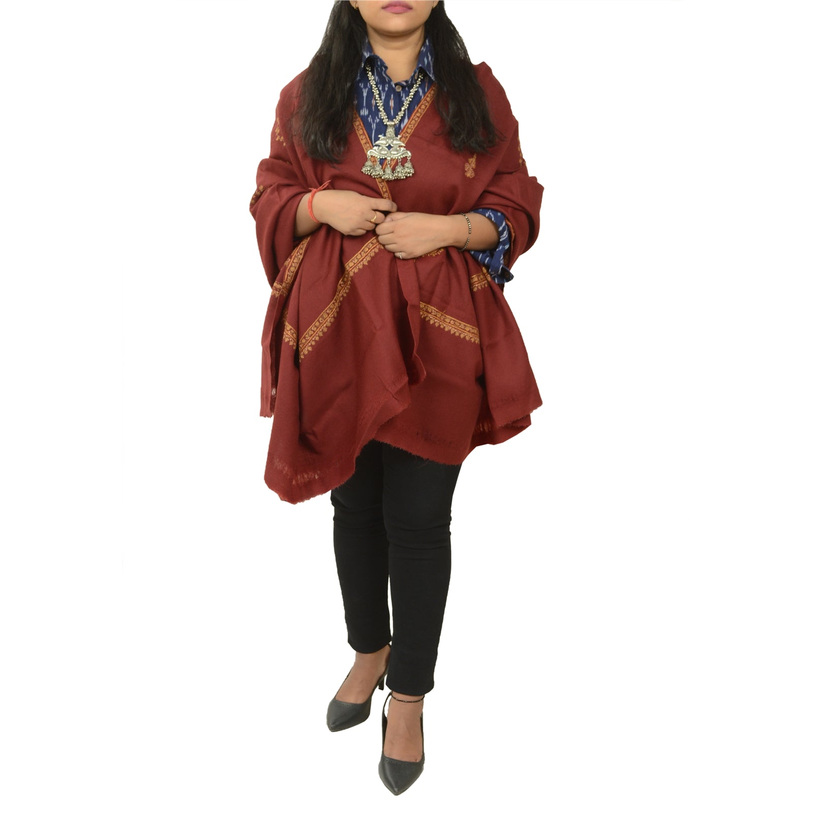 Sanskriti Vintage Pure Woollen Dark Red Shawl Handmade Suzani Long Throw Stole