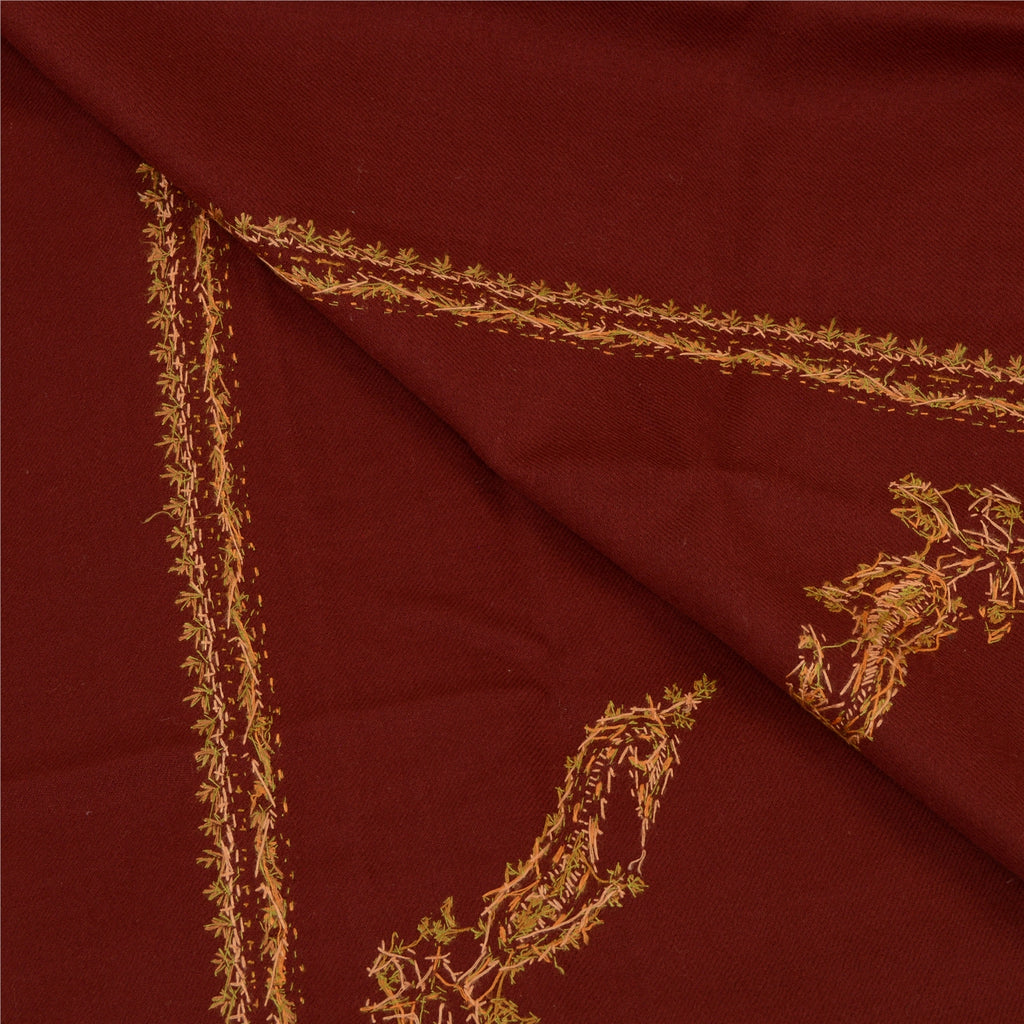 Sanskriti Vintage Pure Woollen Dark Red Shawl Handmade Suzani Long Throw Stole