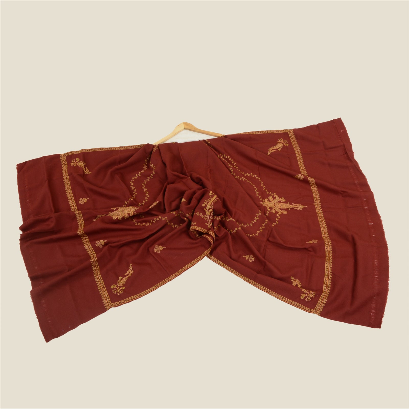 Sanskriti Vintage Pure Woollen Dark Red Shawl Handmade Suzani Long Throw Stole