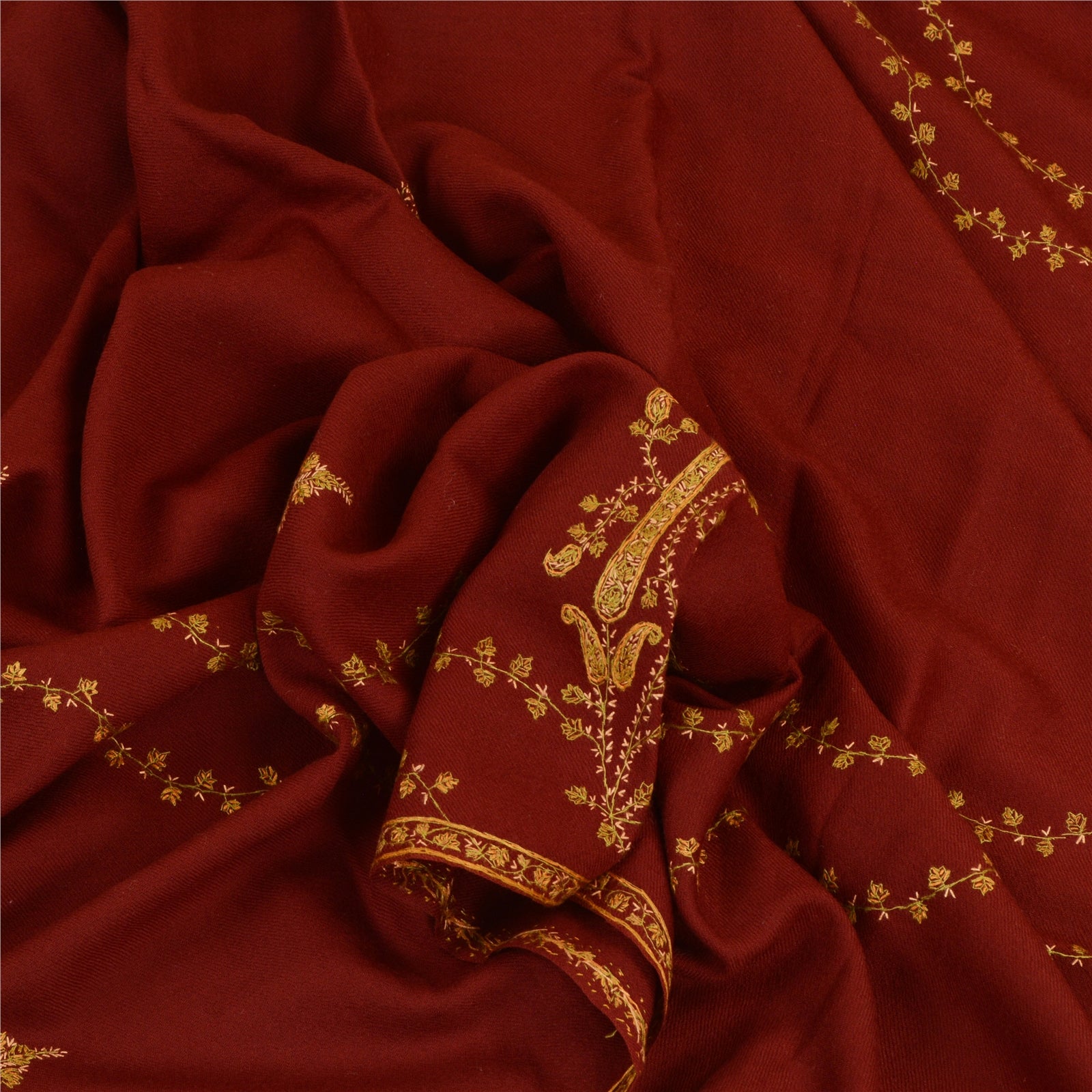 Sanskriti Vintage Pure Woollen Dark Red Shawl Handmade Suzani Long Throw Stole
