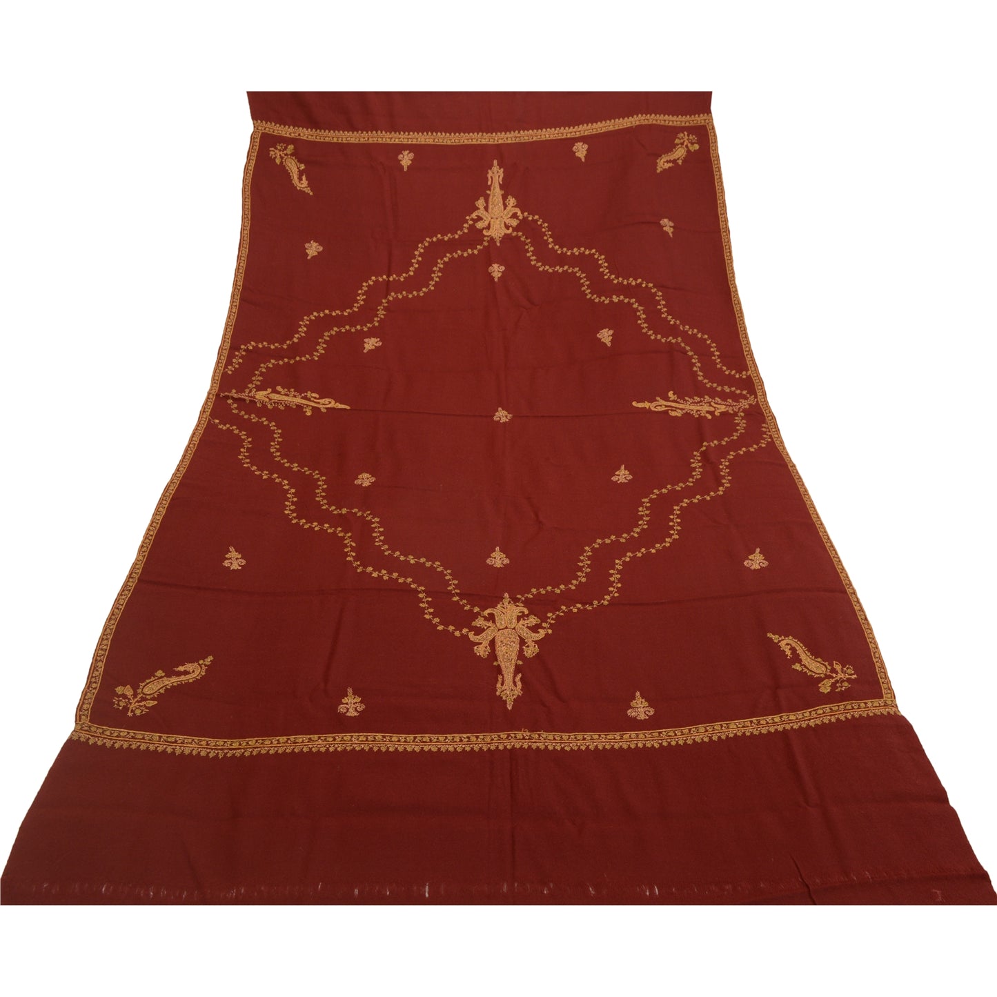 Sanskriti Vintage Pure Woollen Dark Red Shawl Handmade Suzani Long Throw Stole