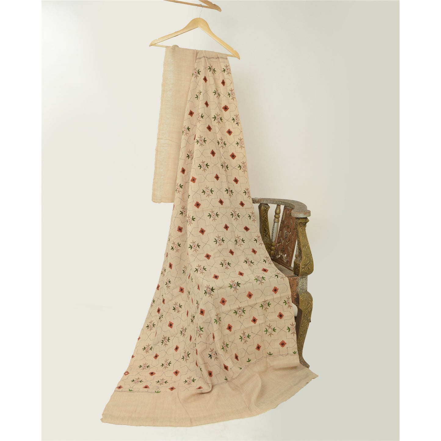 Sanskriti Vintage Pure Woollen Ivory Shawl Handmade Kantha Long Throw Stole