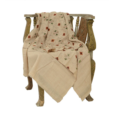 Sanskriti Vintage Pure Woollen Ivory Shawl Handmade Kantha Long Throw Stole
