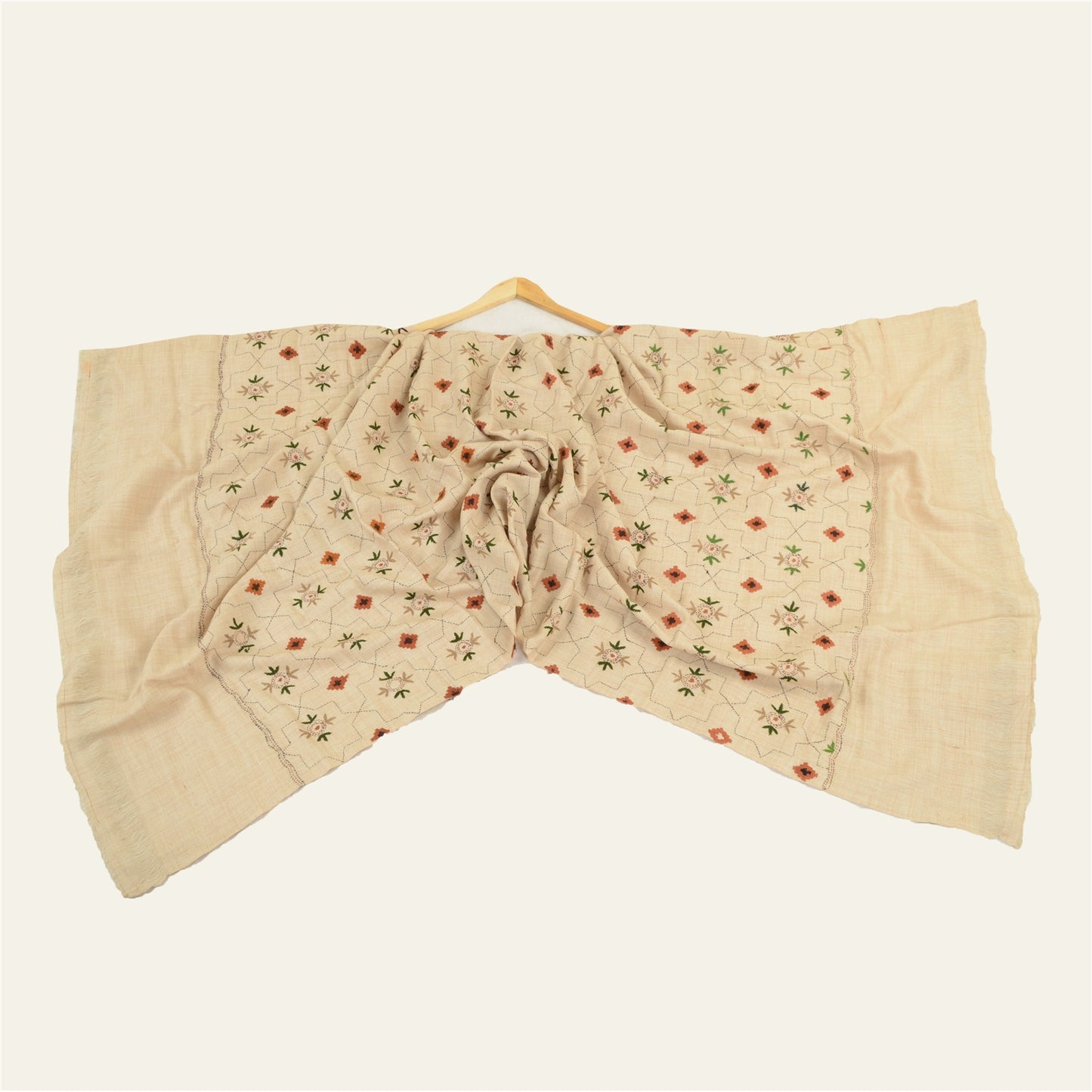 Sanskriti Vintage Pure Woollen Ivory Shawl Handmade Kantha Long Throw Stole