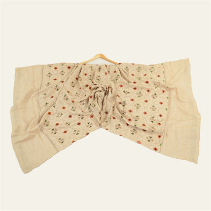 Sanskriti Vintage Pure Woollen Ivory Shawl Handmade Kantha Long Throw Stole