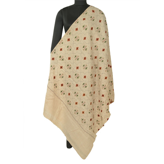 Sanskriti Vintage Pure Woollen Ivory Shawl Handmade Kantha Long Throw Stole