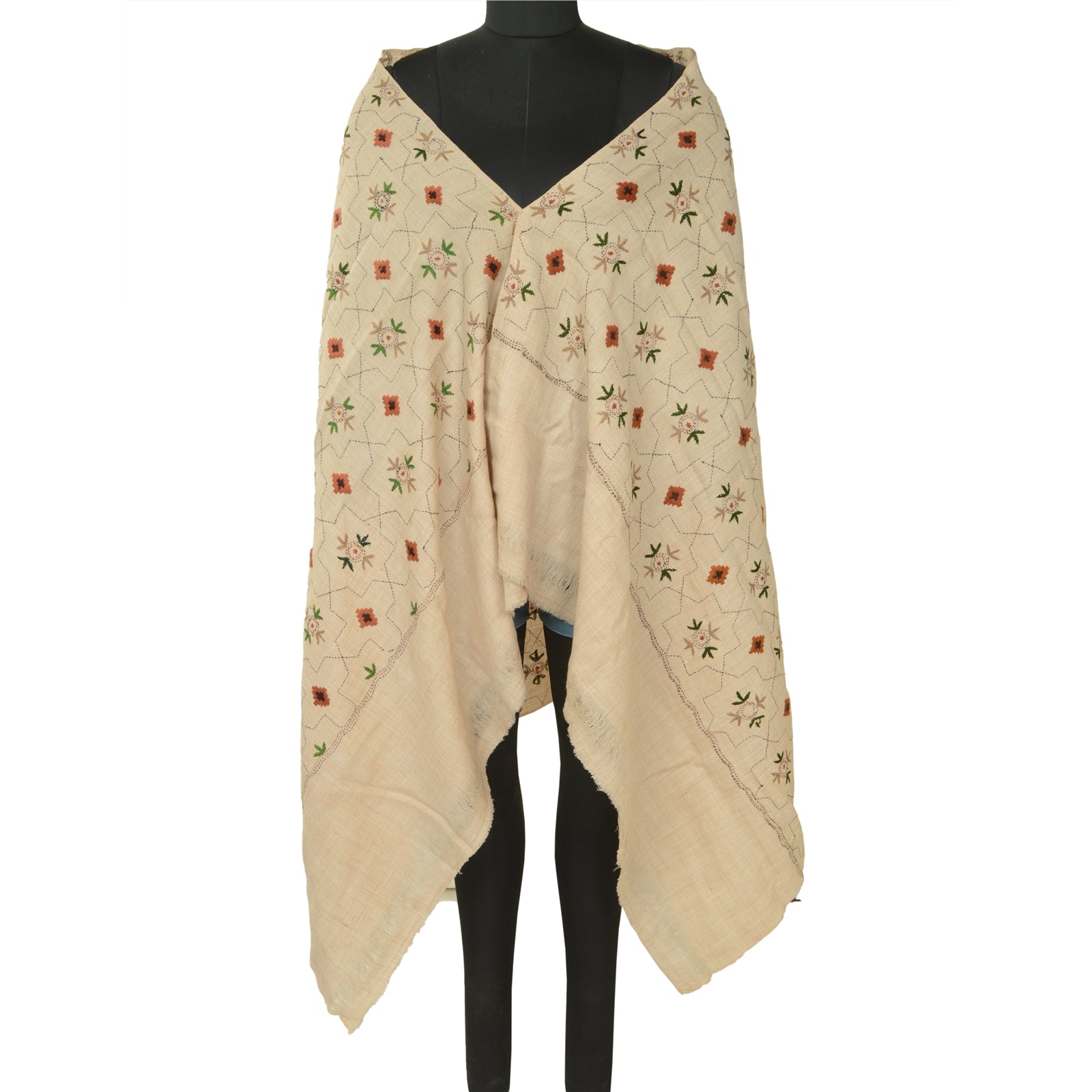 Sanskriti Vintage Pure Woollen Ivory Shawl Handmade Kantha Long Throw Stole