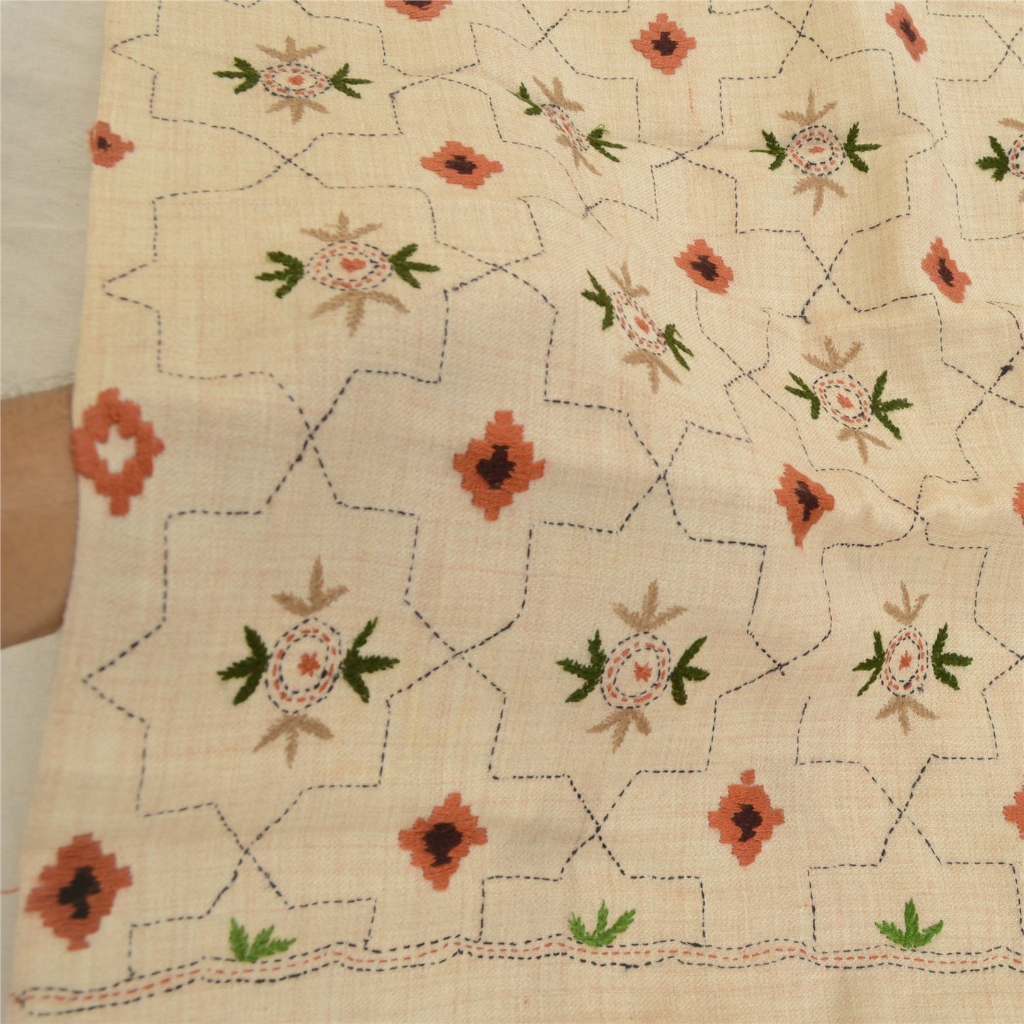 Sanskriti Vintage Pure Woollen Ivory Shawl Handmade Kantha Long Throw Stole