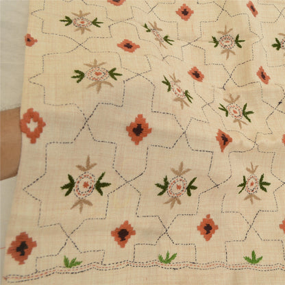 Sanskriti Vintage Pure Woollen Ivory Shawl Handmade Kantha Long Throw Stole