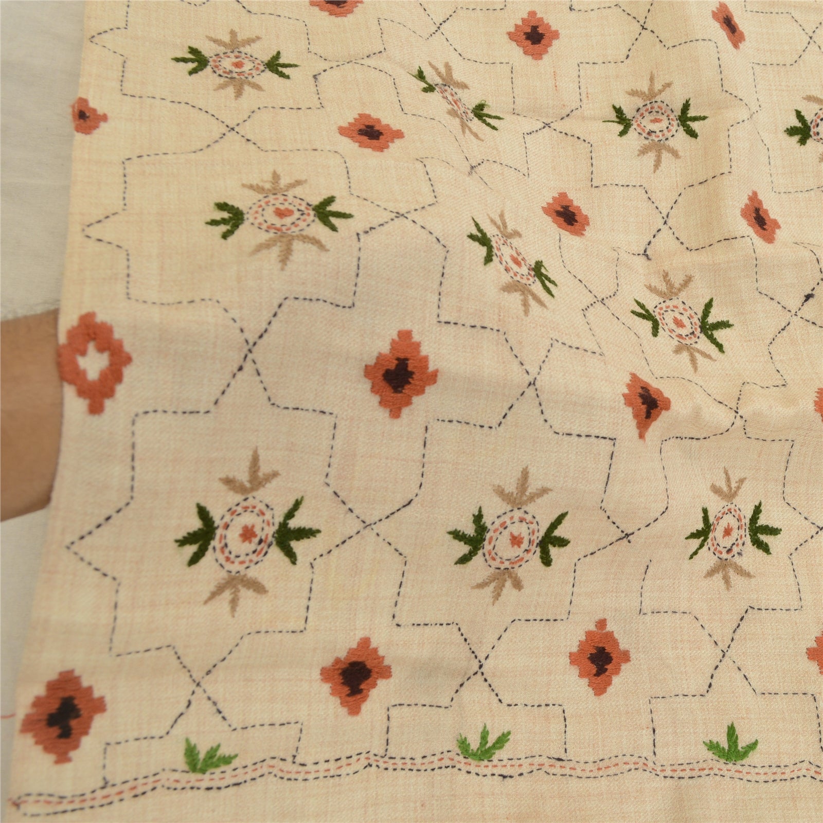 Sanskriti Vintage Pure Woollen Ivory Shawl Handmade Kantha Long Throw Stole